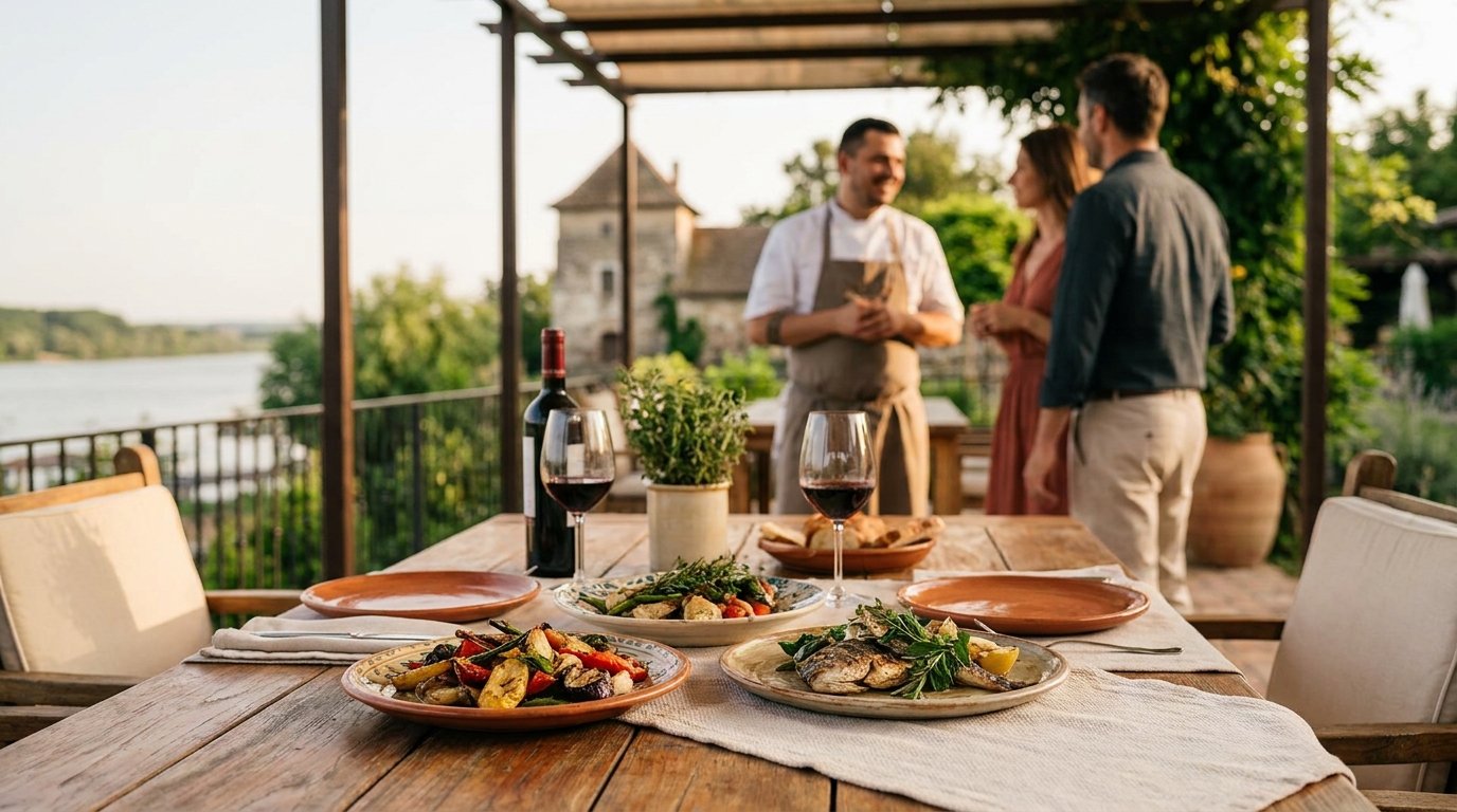 Interiorul restaurantului Taverna Moșului din Călărași, cu mese și atmosferă tradițională